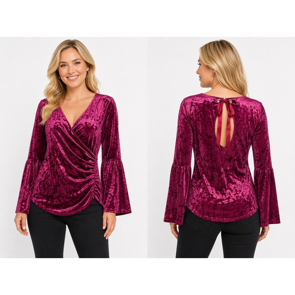 Venus Velvet Top Large Burgundy Crushed Bell Sleeve Surplice Ruched Wrap Festive